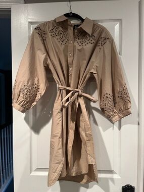 GAP Tan Eyelet-Detail Tie-Waist Midi Shirt Dress